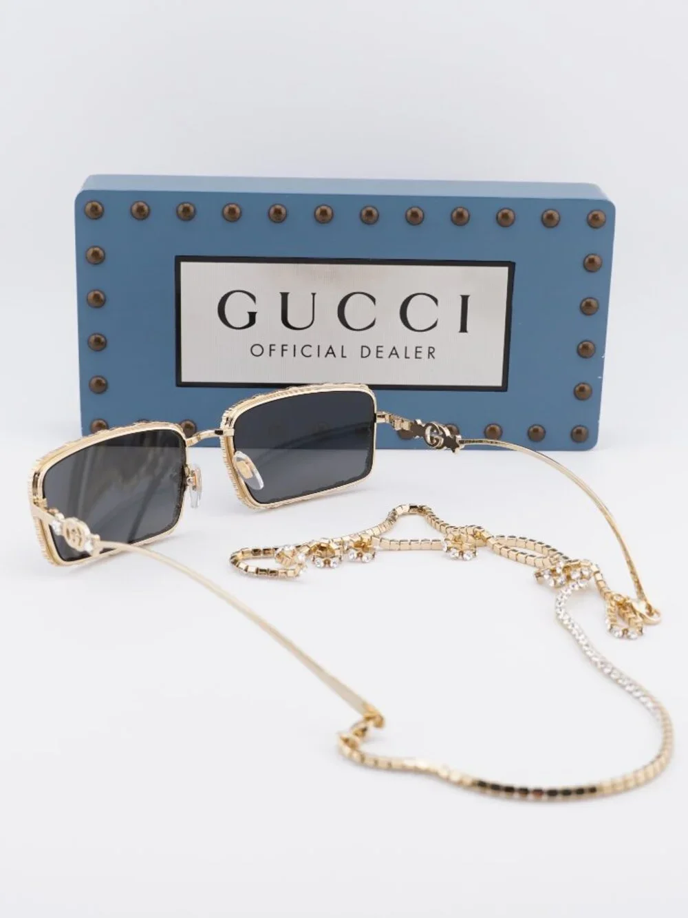 Gucci GG1568S 001 Rectangle Sunglasses - Gold with Gold Chain/Grey